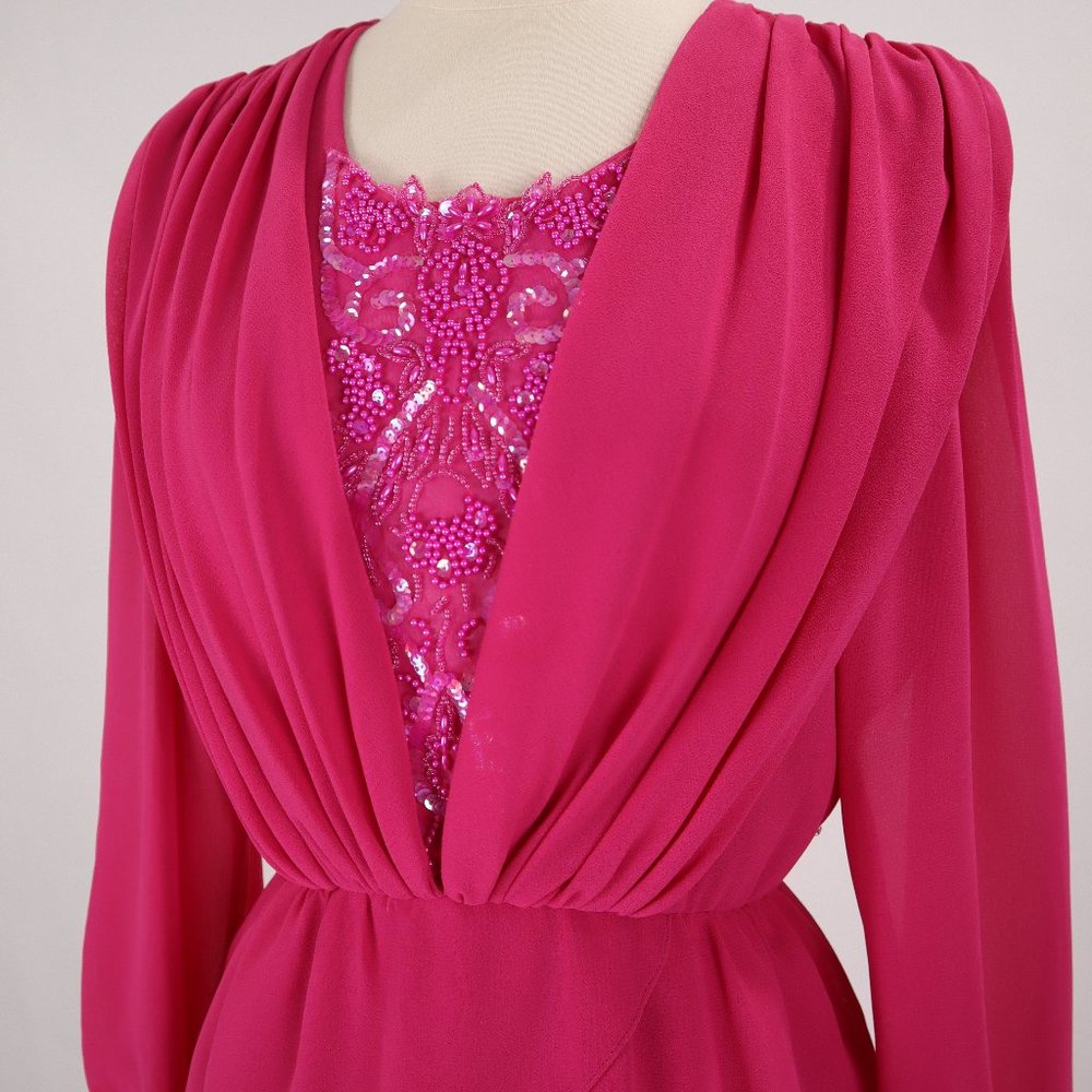 Vtg Ursula of Switzerland 80's Pink Sequin Beaded Tiered Party Dress Gown Formal - Picture 4 of 10